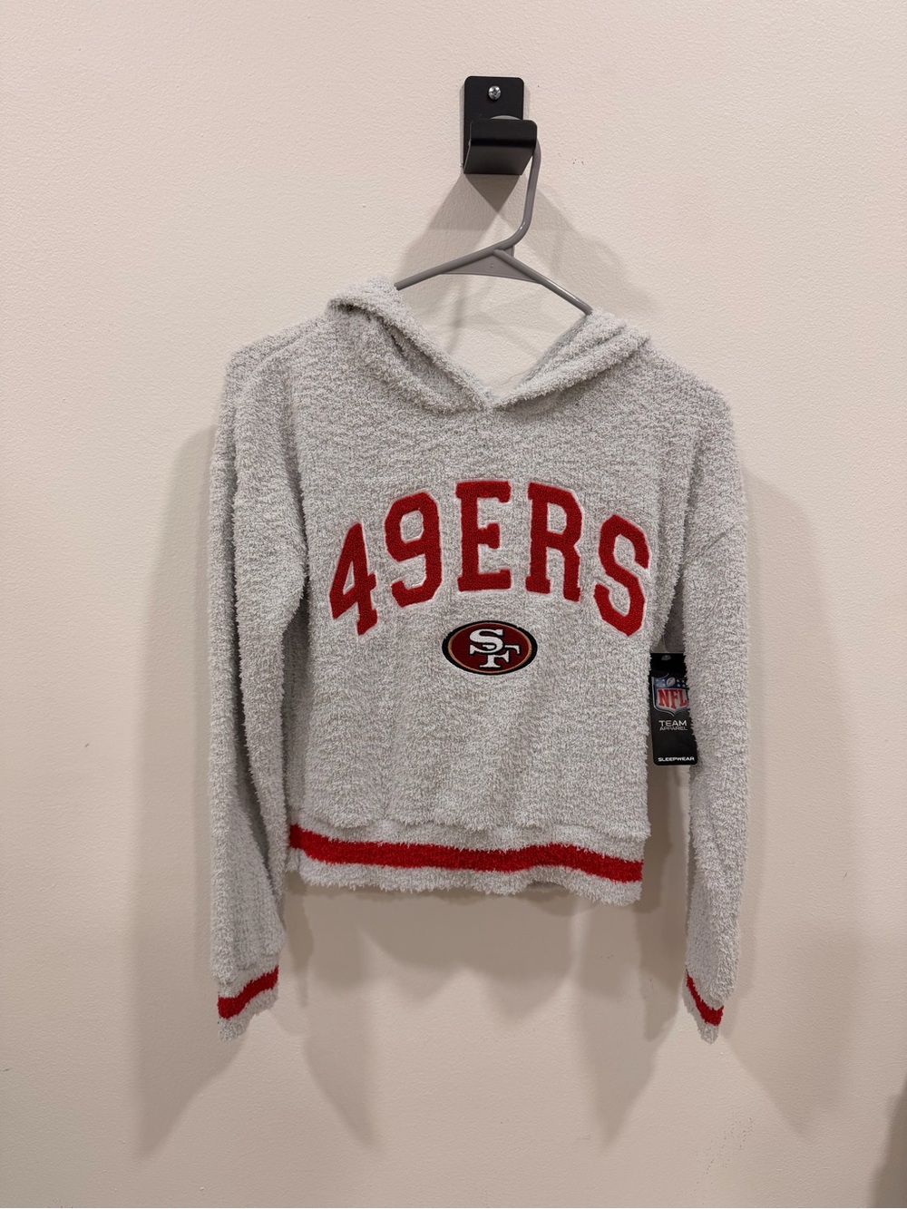San Francisco 49ERS Women's Plush Hoodie Sweater - Light Gray with Red